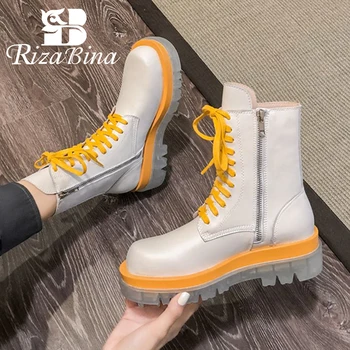 

RIZABINA Women Ankle Boots Leather Fashion Cross Strap Zipper High Heel Winter Shoes Woman Platform Lady Footwear Size 35-40