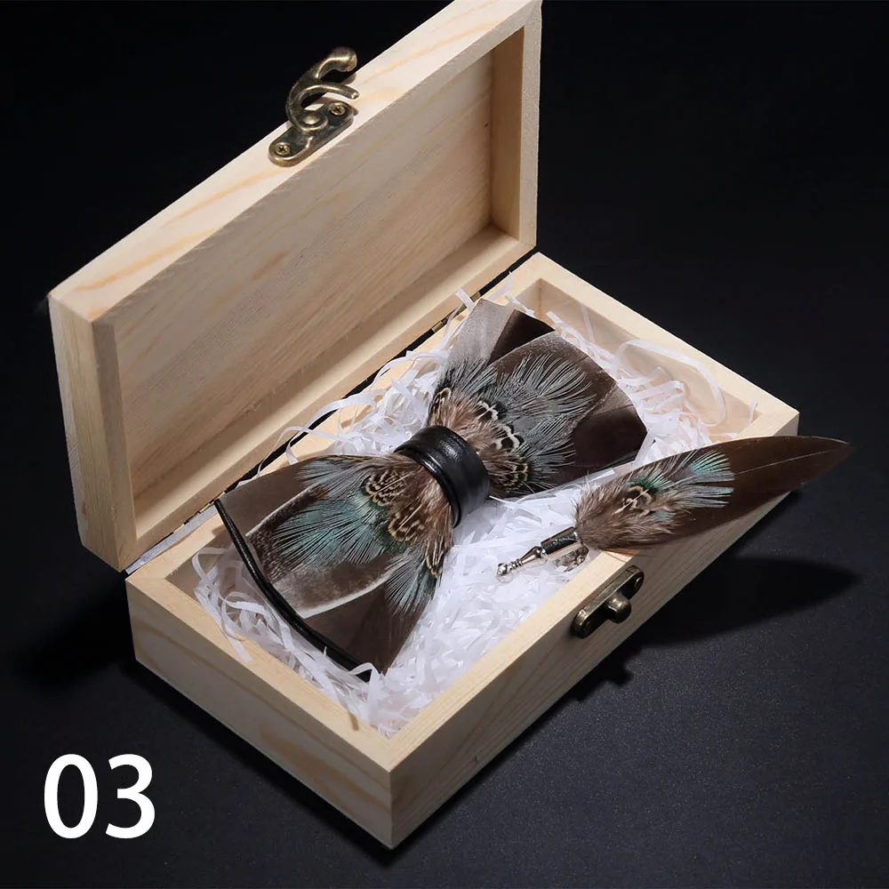 RBOCOTT оригинальные зеленые Птицы Перо галстуки-бабочки натуральная ручная работа брошь-бант в деревянной коробке Подарочная коробка набор для мужчин деловые Вечерние - Цвет: 03