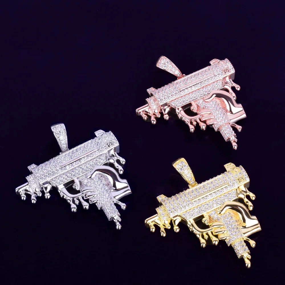 

Hand Holding Dripping Gun Shape Pendant Necklace Gold Color Iced Out Cubic Zirconia Men's Hip hop Rock Jewelry