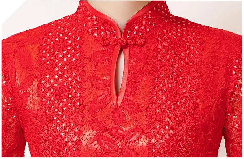 Красное летнее платье до колена Cheongsam, сексуальное платье в китайском стиле, женское кружевное платье Qipao, тонкое вечернее платье, женская пуговица, Vestido, S-4XL