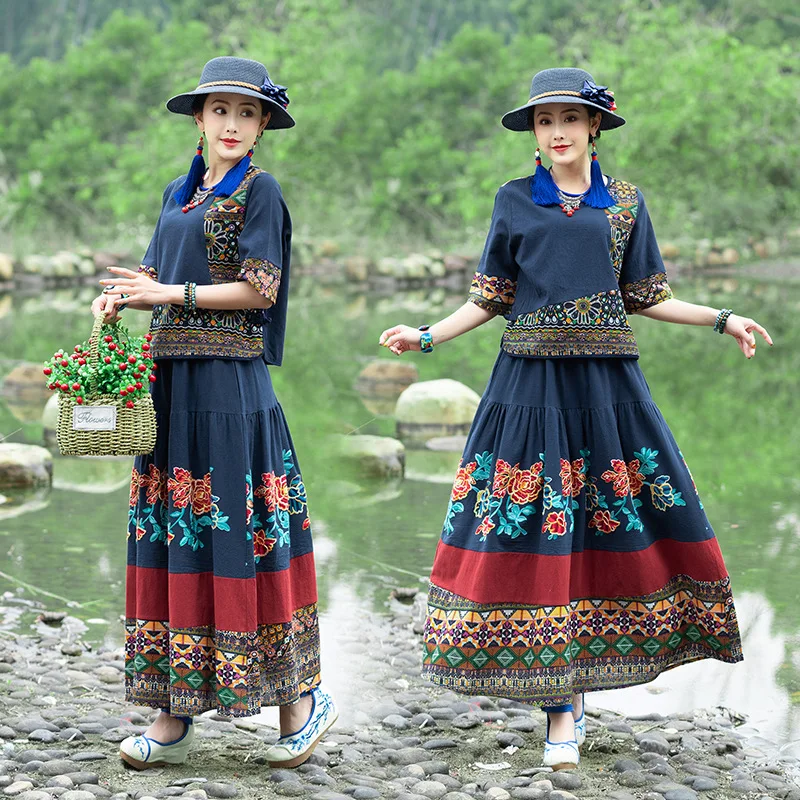 

2019 New Style Ethnic-Style Large Size Frog Short-sleeved Top Embroidery Skirt Casual Two-Piece Set WOMEN'S Dress