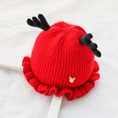 0-28 месяцев в рождественском стиле для маленьких шляпа оленьи рога шапка с помпоном зимние теплые, вязаные, для мальчиков и девочек Милая шапочка зимняя шапка 6-28 м - Цвет: Красный