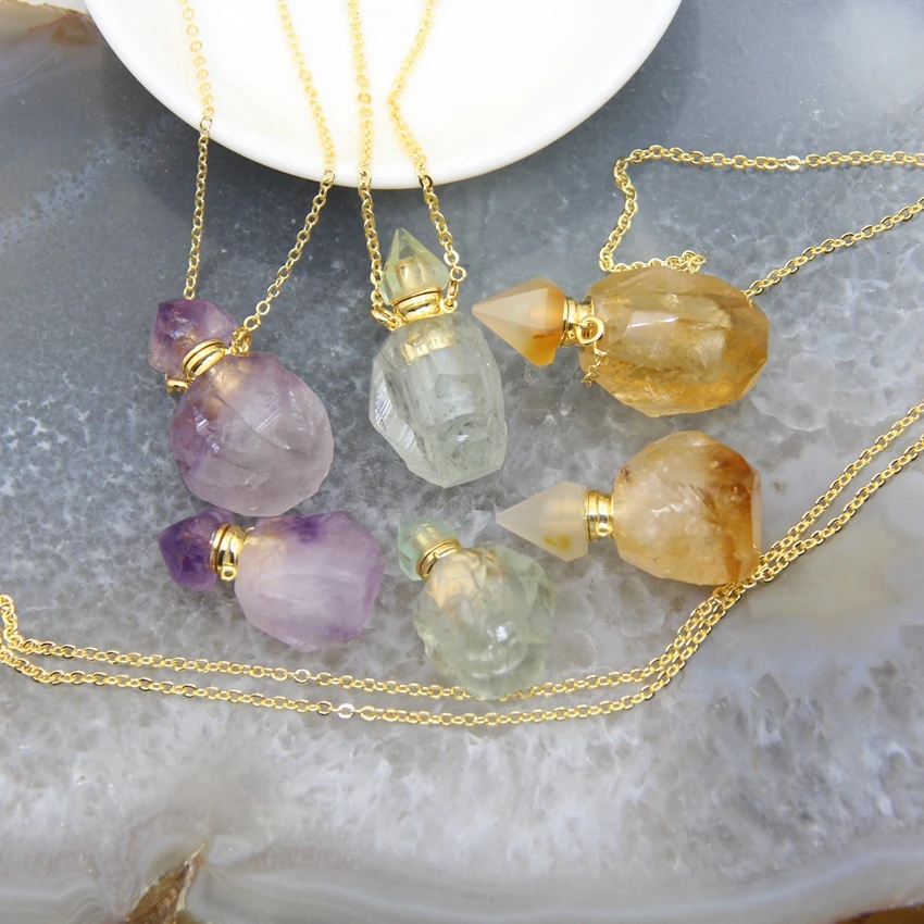 Raw Amethysts/Citrines Perfume Bottle Pendant Necklace,Natural Green Crystal Gems stone Essential Oil Diffuser Vial Charms Chain