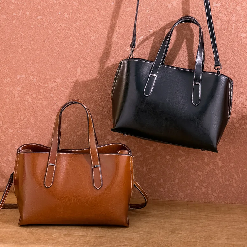 

Woman Bag 2019 Wax Oil Genuine Leather Woman Package Cowhide Hand Bill Lading Shoulder Satchel