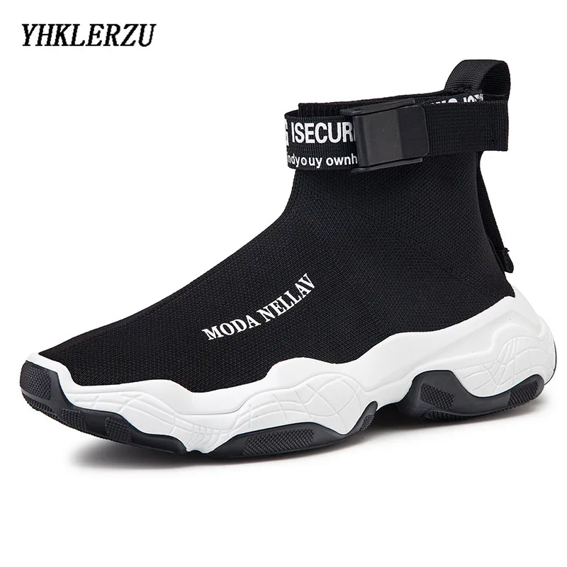 

YHKLERZU New High Top Platform Sneakers Men Glitter Stretch Sock Shoes Men Unisex Dad Chunky Black White Sneakers Thick Sole