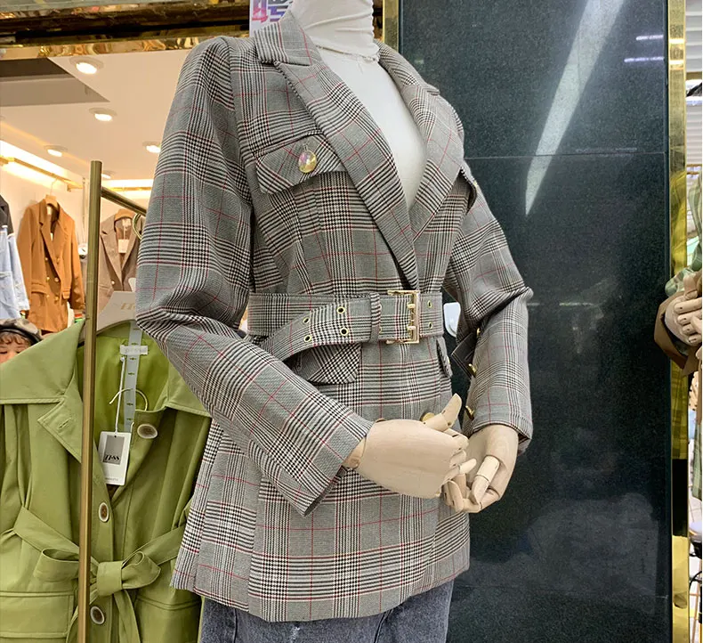 autumn and winter new loose long-sleeved lacing waist long section retro plaid suit jacket female