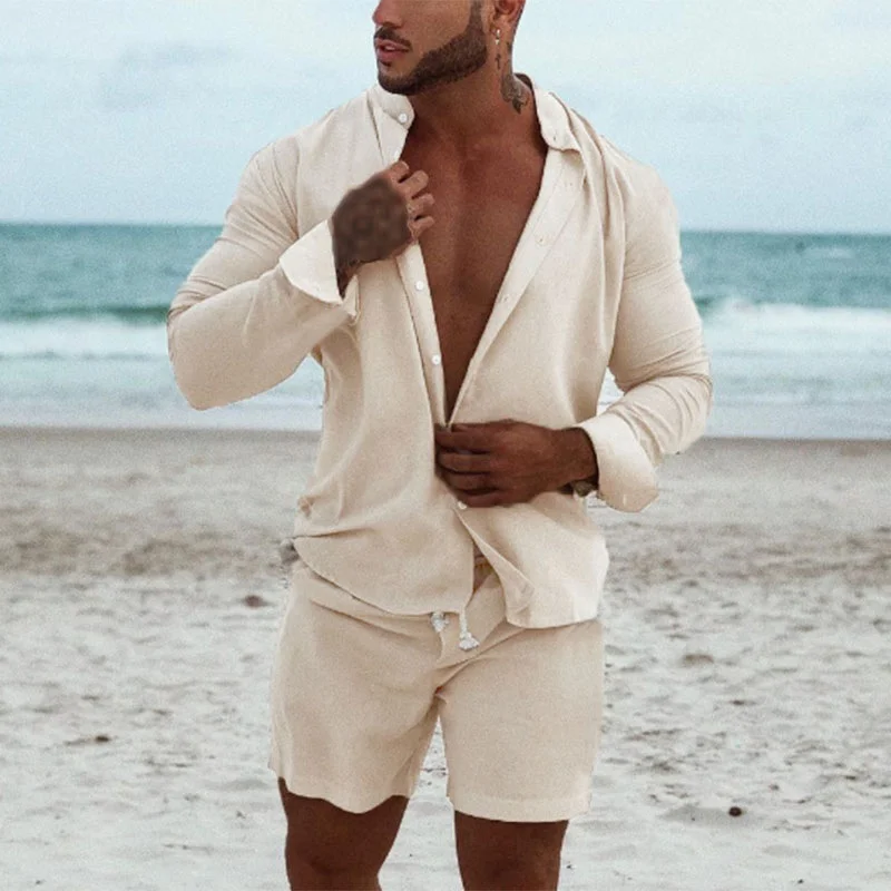 Men Hawaiian Sets Beach 2022 Summer Long Sleeve Stand Collar Shirt Board Shorts 2 Pieces Streetwear Cotton Linen Men Sets