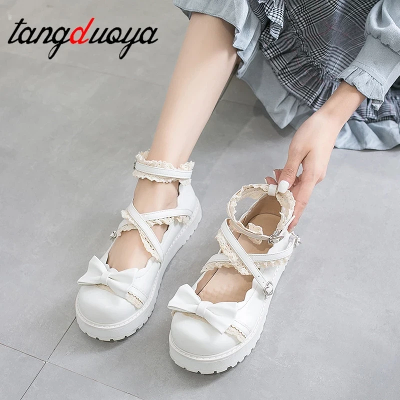 Lolita-zapatos de cosplay para mujer, zapatillas japonesas en blanco suave, rojo y negro, kawaii, lolita