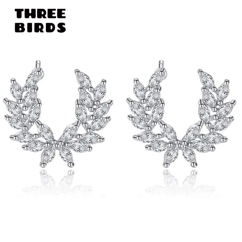 

THREE BIRDS Tiny Trendy Zirconia silver Flower Stud Earrings Classic small Leaf plant luxury Earrings For Women Fashion Jewelry