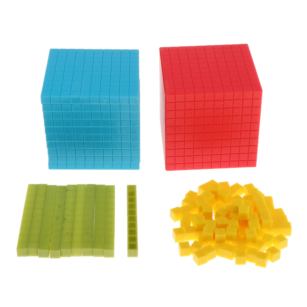 Children Montessori Math Materials, Decimal Group Cube Blocks with Box- 4 Colors Represents Ones, Tens, Hundreds and Thousand