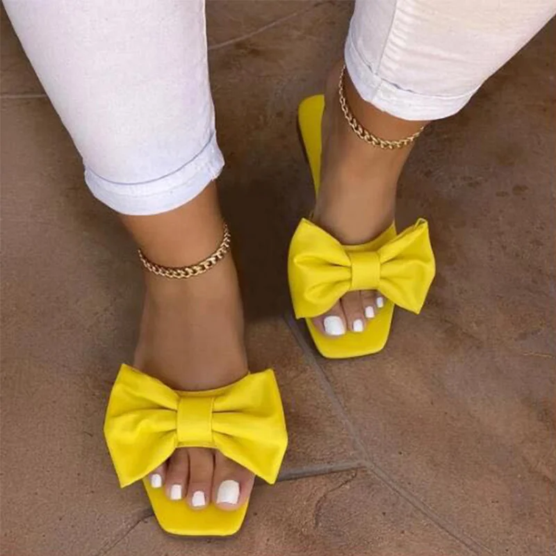 

New Women Slippers Fashion Bow Kont Ladies Sandals Leather Shoes Causal Beach Summer Slides Square Toe Soft PU Female for Woman