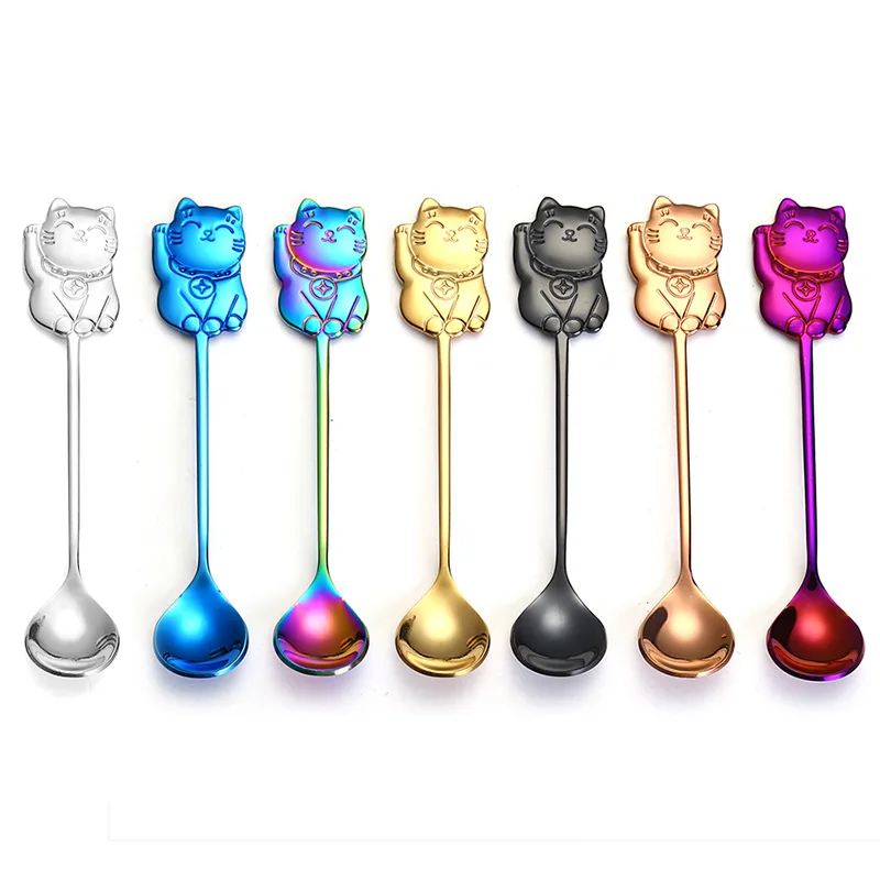 Креативная китайская кофейная чайная ложка Lucky Cat из нержавеющей стали, ложка для десерта, мороженого, кухонная посуда, барная посуда для напитков