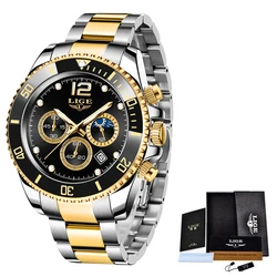 LIGE Luxury Waterproof Sports Chronograph Men's Watch with Stainless Steel Design & Gift Box (Rose gold black)