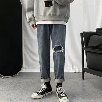 

2020 Spring And Autumn New Youth Popular Couple Fit Slim Jeans Fashion Casual Solid Color Straight Pants Blue / Black M-2XL