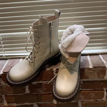 

Cowgirl boots women martin boots platform chunky heels ankle snow boots 2020 winter leather lace up warm plush shoes size 40 41