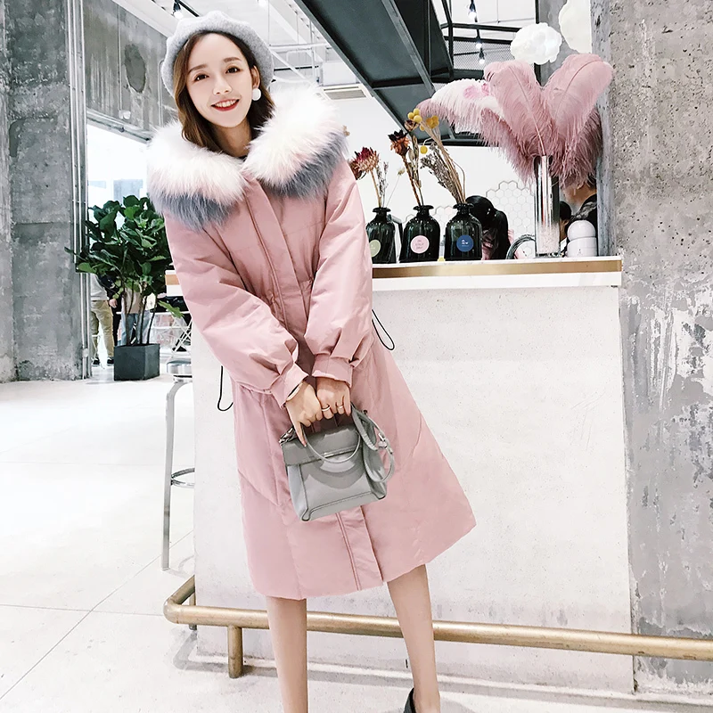 Jacket Down Female Woman Hooded Long 2020 Pink Winter Coat Women Racoon Fur Collar Korean Fashion Chaqueta Mujer KJ533 | Женская одежда