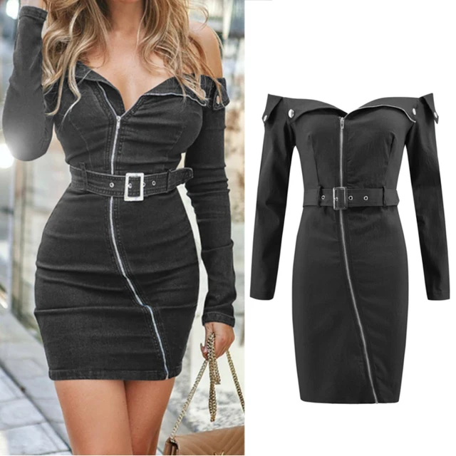 off the shoulder black denim dress