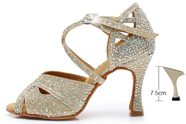 DILEECHI туфли для латинских танцев; Цвет серебристый, золотой; большие и маленькие стразы; блестящие женские туфли для бальных танцев; мягкие вечерние туфли для сальсы - Цвет: Gold Glitter 75mm