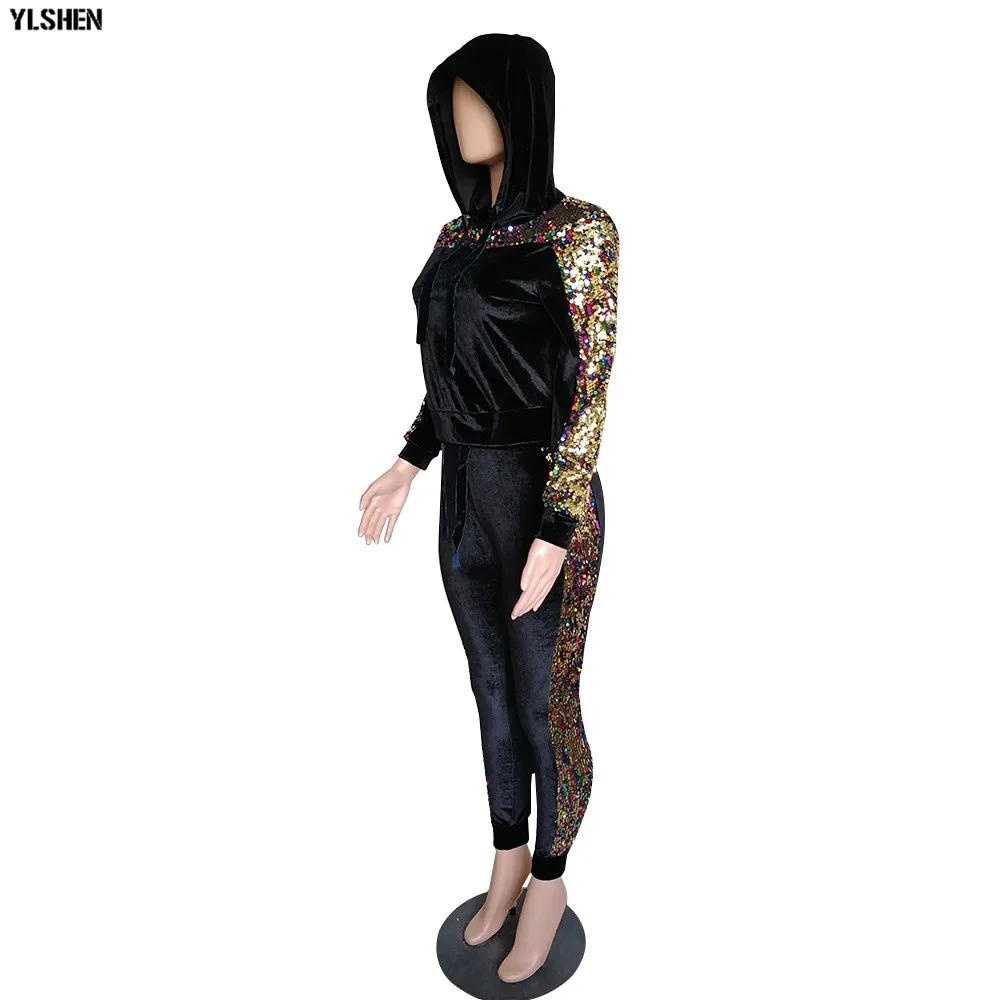 2 Two Piece Set Velvet Tracksuit Women Sexy Sequins Jogging Femme Plus Size Long Sleeve Tops +Pants Sweat Suits Matching Sets 17