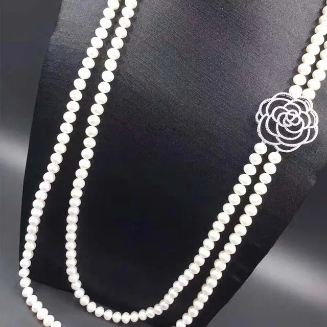 925 Silver tassel pendant Multi- zircon partition accessories large flower 7-8mm pearl necklace accessories sweater chain.30"
