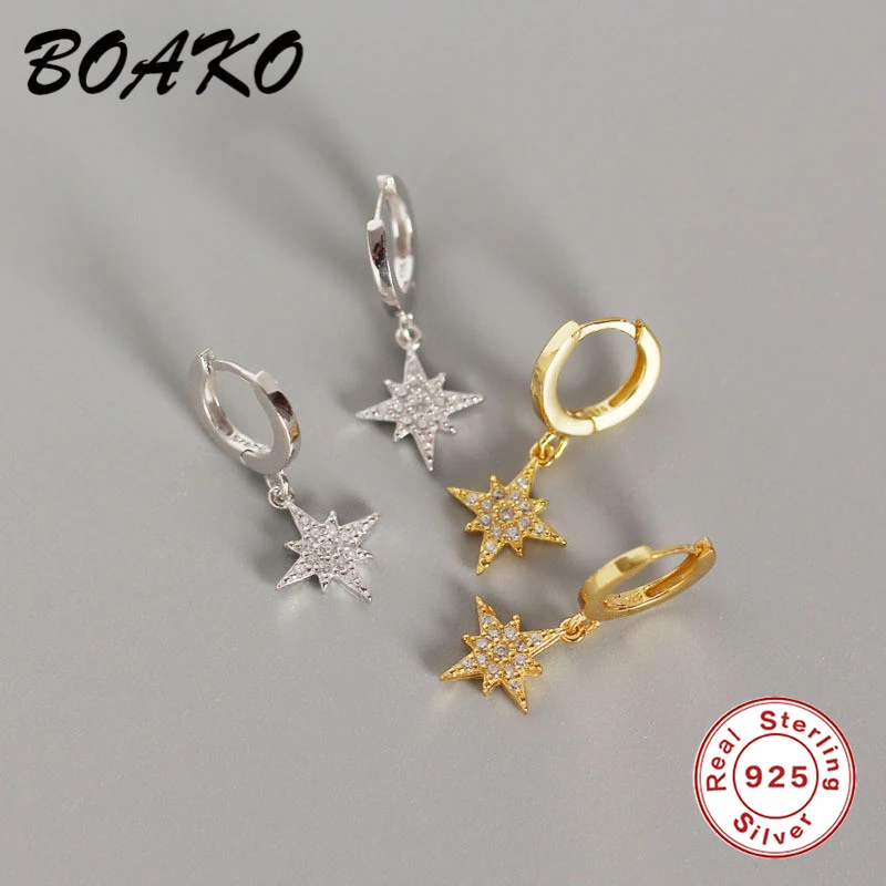 Серьги-гвоздики с пятиконечной звездой из циркония BOAKO, 925 пробы серебряные серьги для женщин, нежные маленькие серьги со звездой, корейские ювелирные изделия