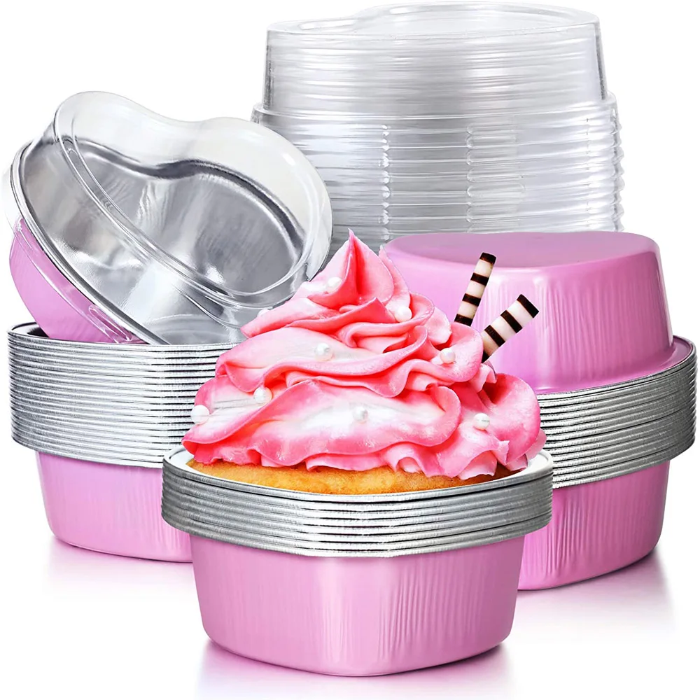 10 Sets 100ml Aluminum Foil Cake Pan Heart Shaped Cupcake Cup Lids Flan Baking Pans for Mother's Day Wedding Birthday cake mold cake decorating tools cake baking tools cake making tools