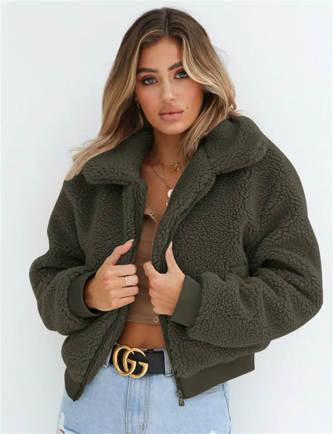 Fleece Coat Women New Fashion Long Sleeve Warm Faux Fur Coat Casual Turn Down Collar Zipper Bomber Jacket Outwear Plus Size - Цвет: DCC-18723 Armygreen