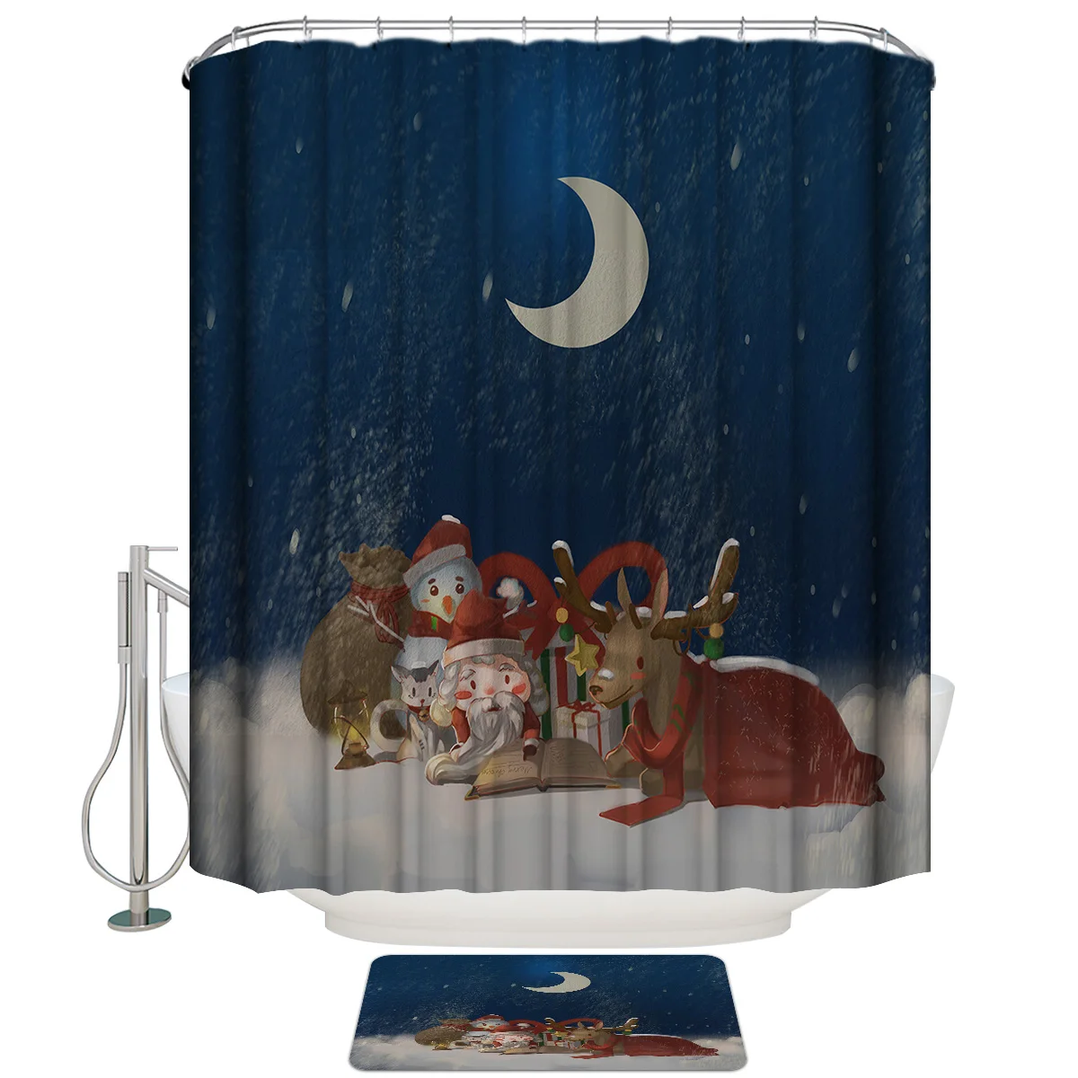 Cat Eve Santa Elk Snowman Shower Curtain with Hooks Doormat Bath Floor Mat Waterproof Polyester