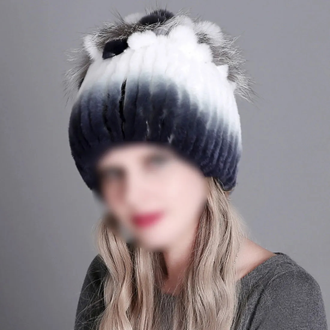 4 Winter knitted beanie hat warm thick autumn and winter round hat rabbit fur knitted hat women fur real wool warm - Цвет: 4