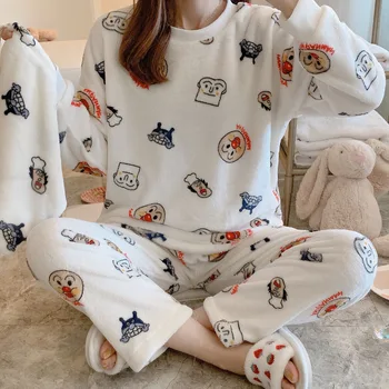 

Autumn/winter Women's Pajamas Set Coral Fleece Pajamas Long Sleeve Cartoon Flannel Sweet Home Clothes Two-piece Suit