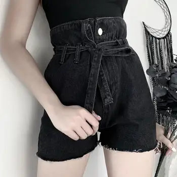

Women Lace Up Retro Jeans New Fashion High Bud Drawstring Waisted Thin Skinny Slim Leg Solid Dark Wild Shorts