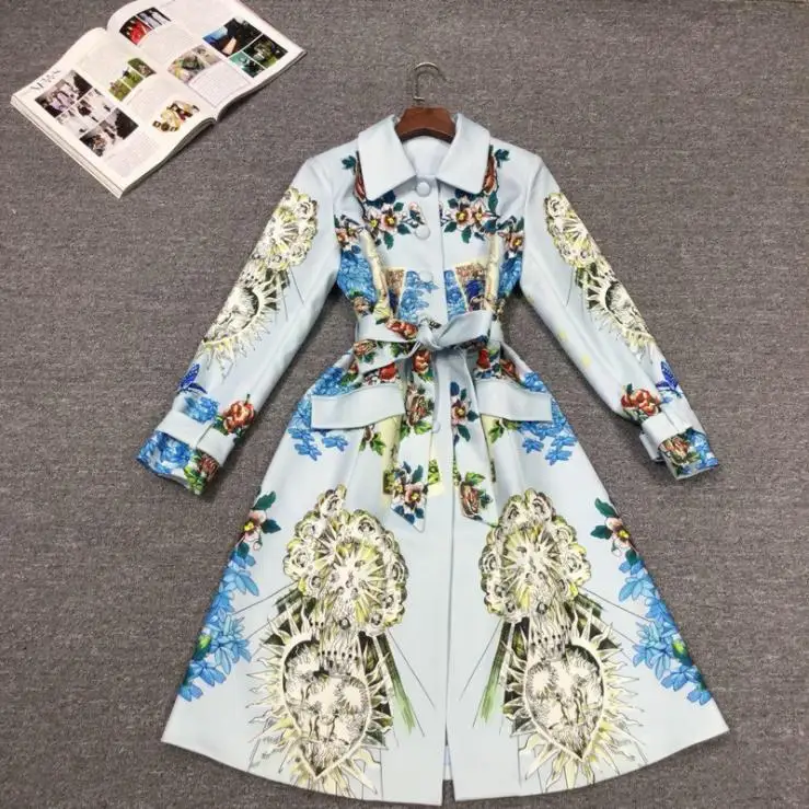 

European and American women's clothing 2019 winter new style Retro printed single breasted Long sleeve lapel Fashion dress