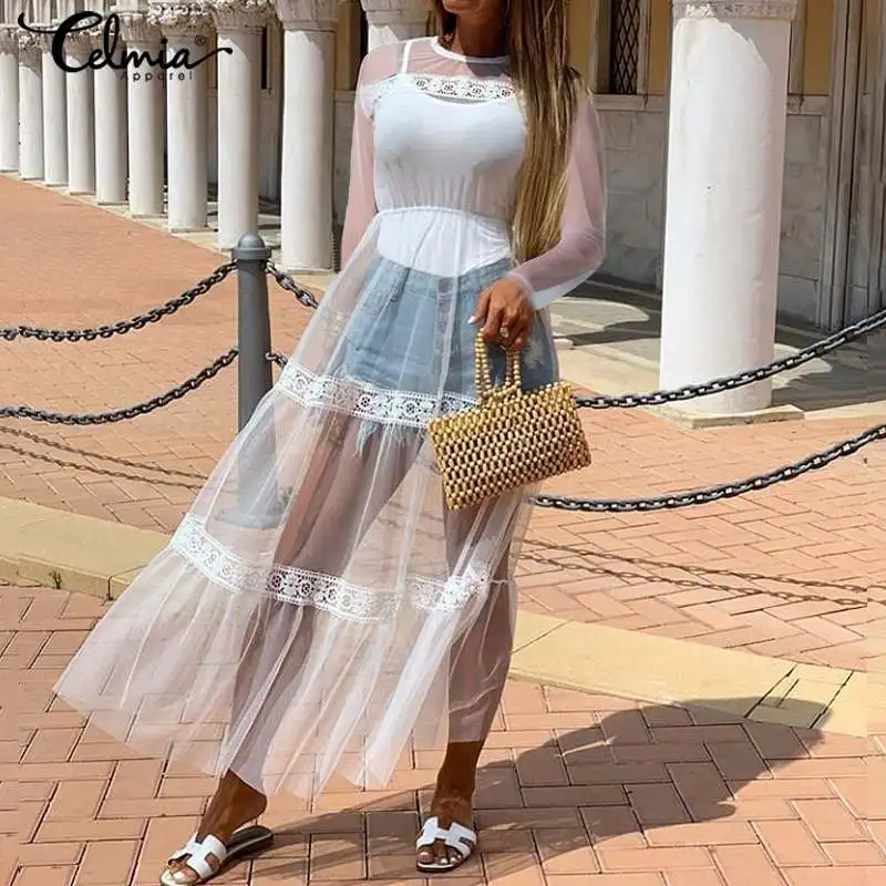 

Women Mesh Sheer Transparent Lace Cover up Maxi Dress 2020 Celmia Summer See-through Party Clubwear Beach Dresses Plus Size 7