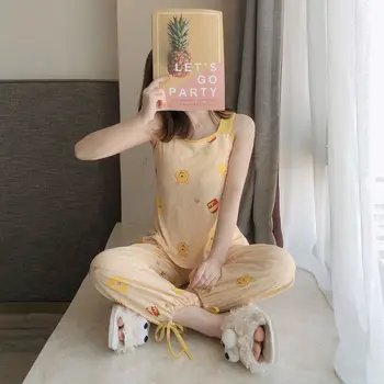 

Autumn Cotton Pajamas Women Korean Style Sling Chest Pad and Feet Trousers Homewear Suit Sexy Printed Comfortable Cotton Pajamas
