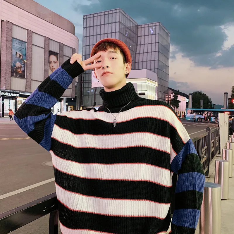 2019 Autumn And Winter Men's New Youth Korean Version Of Casual Stitching Stripes Trend Hit Color Loose Turtleneck Sweater 2019 Autumn And Winter Men's New Youth Korean Version Of Casual Stitching Stripes Trend Hit Color Loose Turtleneck Sweater