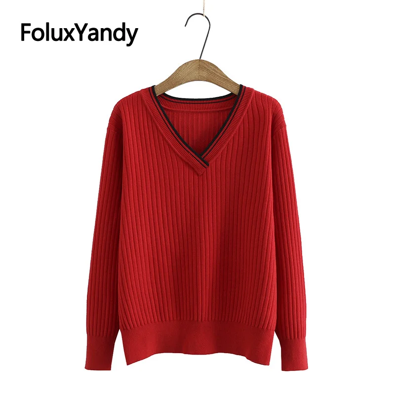 

V-neck Women Sweater Pullovers Casual Long Sleeve Plus Size Sweaters Black Red Gray KKFY5098