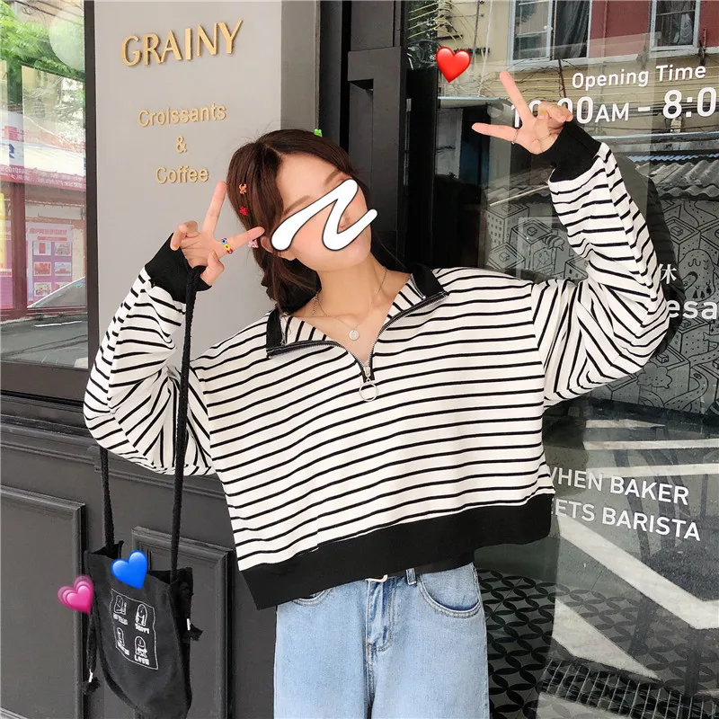 Ulzzang Harajuku полосатая толстовка на молнии с короткими рукавами Женская Осенняя Новая модная свободная толстовка с капюшоном и круглым вырезом Повседневная Женская толстовка