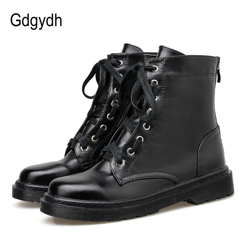 Женские ботинки на шнуровке Gdgydh черные короткие резиновой подошве с круглым