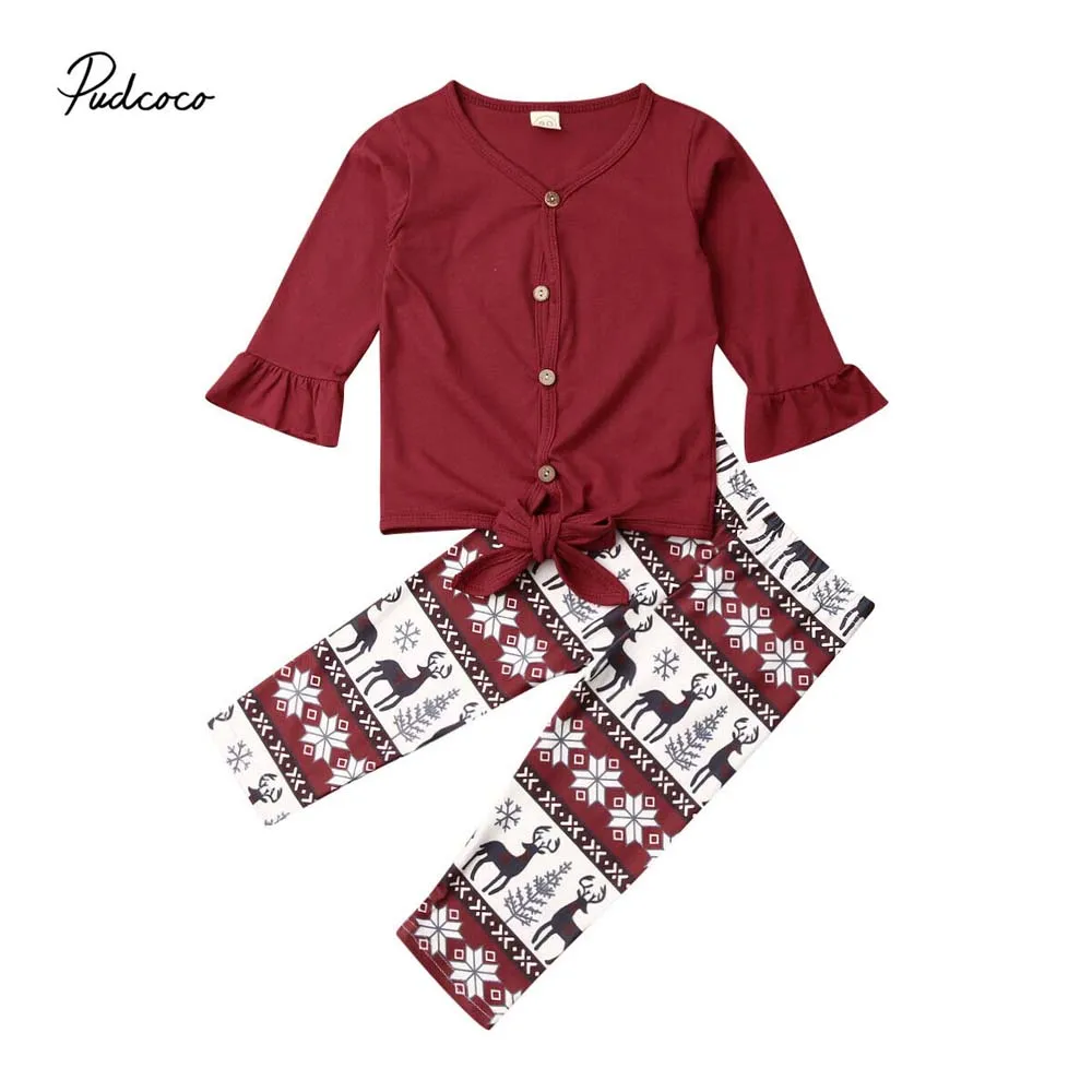 

2019 Baby Spring Autumn Clothing Toddler Kids Baby Girl Flare Sleeve Cardigan Tops T-shirt Long Pants Xmas Outfits Clothes 6M-4T