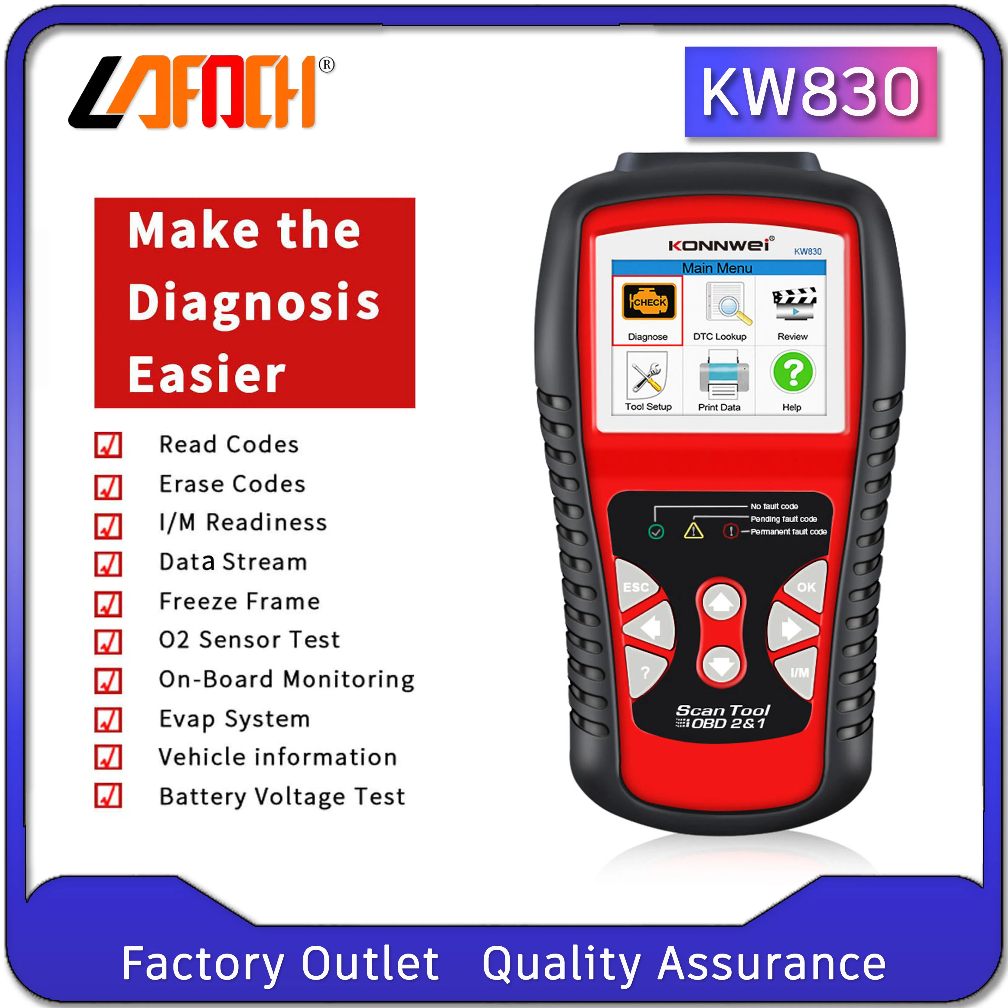 LAFOCH KW830 OBD2 OBDⅡ Automotive Scanner Tools Fault Error Code Reader Car Engine Diagnostic Battery /Oxygen Sensor Test |