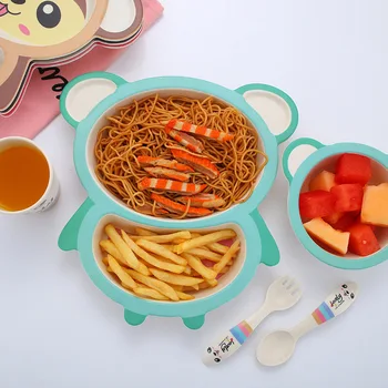 

5pcs bamboo fiber children's tableware five-piece set creative Fuwa double grid plate bowl fork spoon cup set baby tableware