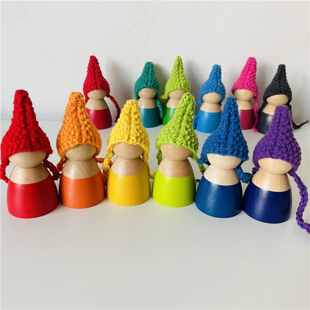 12pcs Rainbow Peg Dolls with Knitting Hat Baby Pretend Play People Figures Shape Montessori Wooden Educational Toys for Children 4