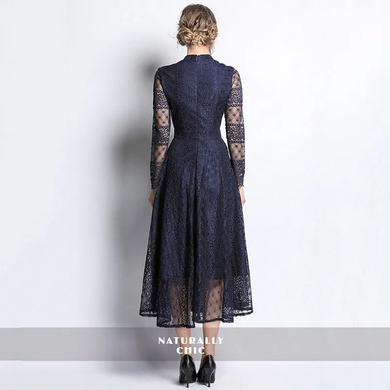 Kaufen Mozuleva 2019 Designer Navy Blau Spitze Kleid Runway Frauen Lace Floral Aushöhlen Kleid Langarm Stehen Kragen Lange Kleid