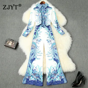 

2020 Spring Runway Women Set Fashion New Long Sleeve Indie Folk Print Vintage Blouse and Flare Pants 2Piece Set Lady Outfits