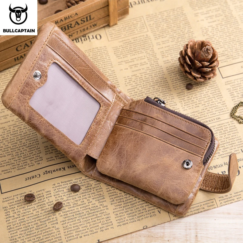 Продажа BULLCAPTAIN, винтажный кожаный бумажник с тремя сложениями, мужской короткий кошелек на застежке, повседневные мужские кошельки на молнии, держа...