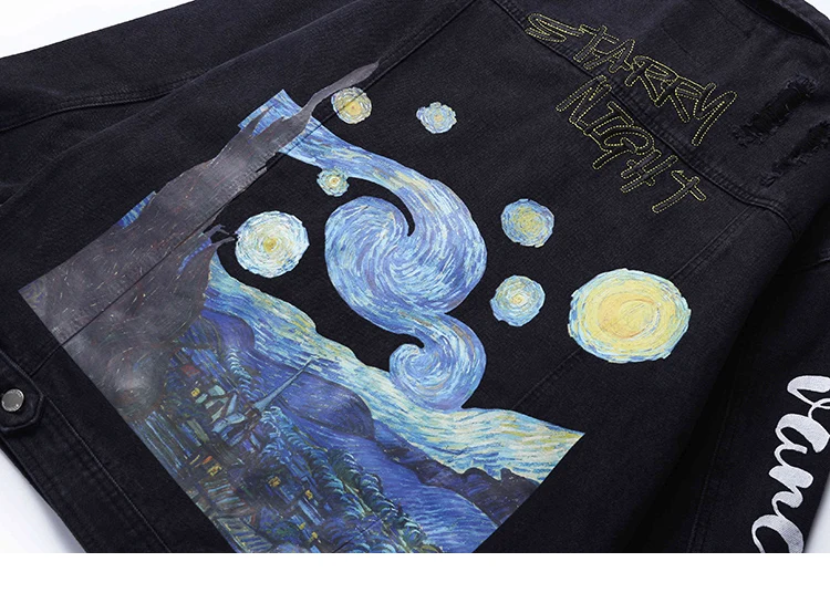 Vincent Van Gogh уличная джинсовая куртка хип хоп Мужские Винтажные рваные джинсовая куртка деним пальто Harajuku Бомбер куртка хлопок