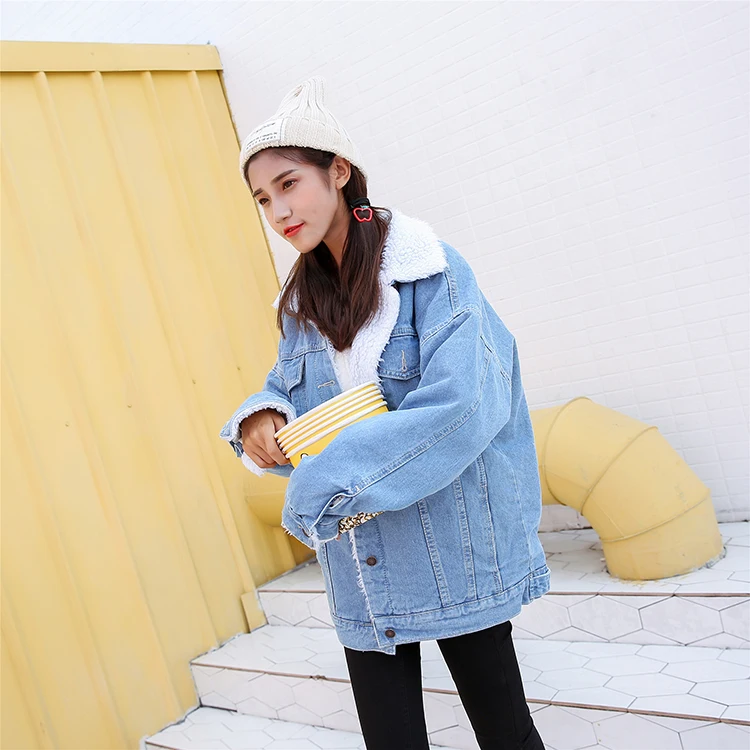 Denim Winter Jacket Coat Women Long Sleeve Casual Turn-down Collar Lambswool Jackets Warm Coats Female Outwear