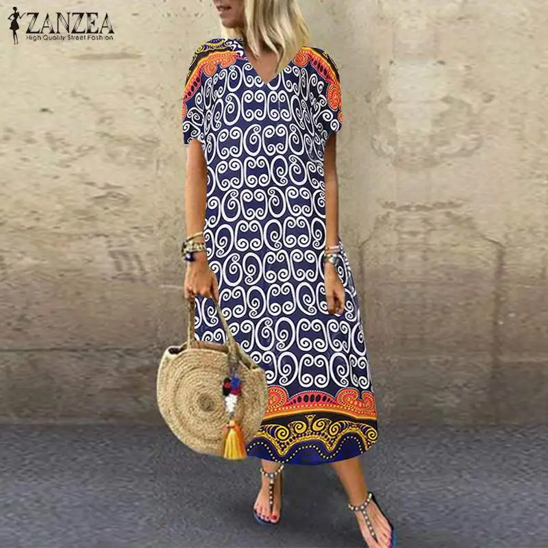 Plus Size ZANZEA Summer Beach Sundress Women Casual V Neck Short Sleeve Vintage Ethnic Printed Long Dress Vestidos Female