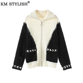 

2019 Fall/Winter New Black and White Colorblock Zipper Lapel Knit Cardigan Sweater