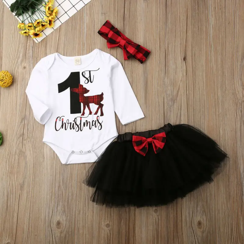 Комплекты одежды для детей ясельного возраста боди для маленьких девочек топы с длинными рукавами и буквенным принтом, юбка-пачка Рождественская одежда с оленями на 1 год
